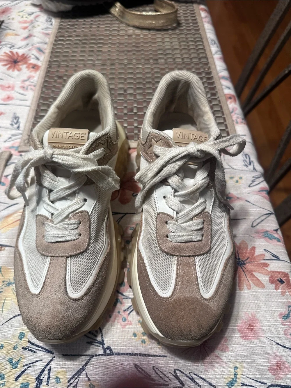 Vintage Havana Beige and White Women's Athletic Sneakers